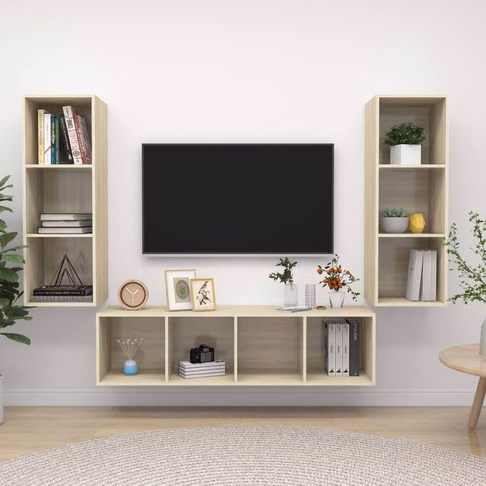 Berkfield Home Practical 3 Piece TV Cabinet Set in Sonoma Oak and Light Sand – 2