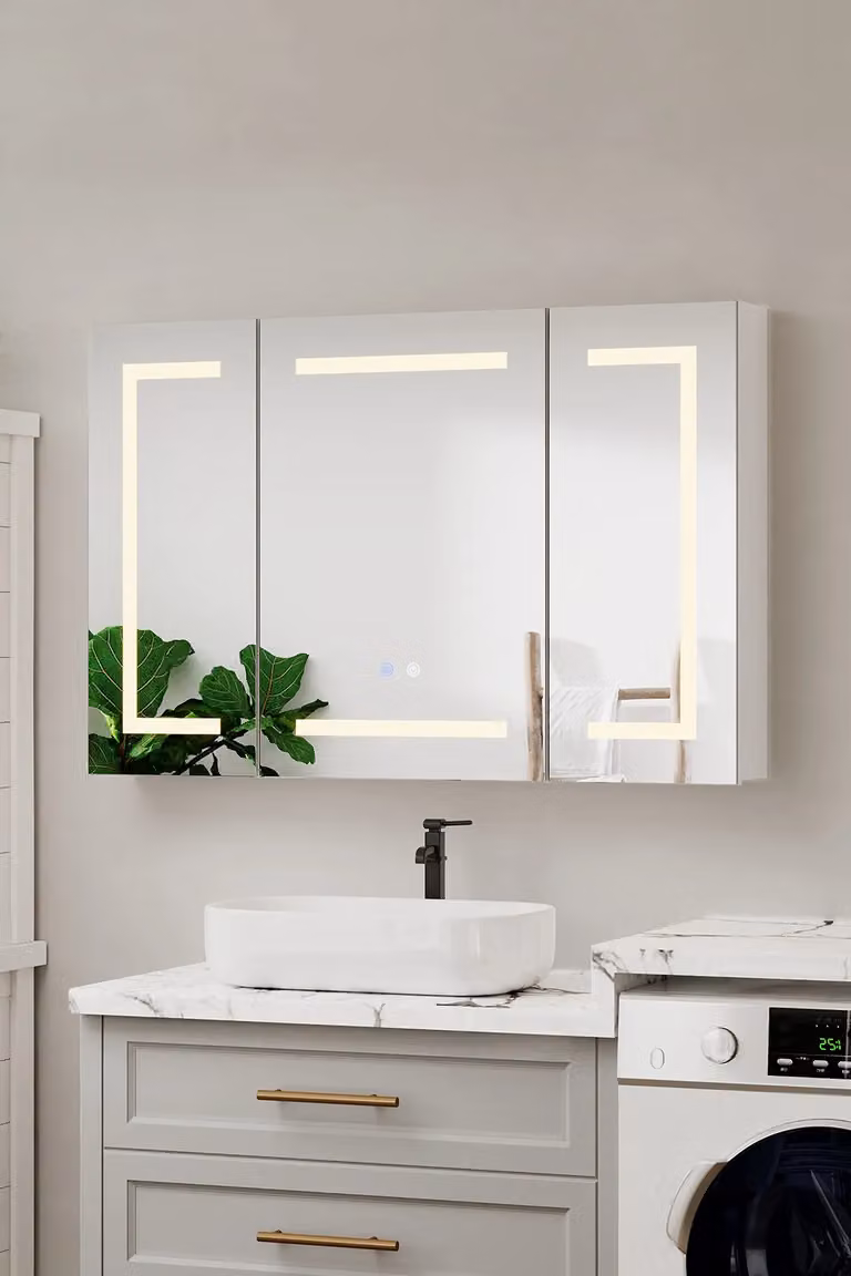 Living and Home Triple-Door Bathroom Mirror Cabinet with LED Lighting and Anti-Fog Function in Silver