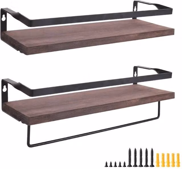 NESTLUNE Set of 2 Industrial Pine Wood Floating Shelves with Hanging Rod, Brown, W: 100 cm, D: 15 cm – 1