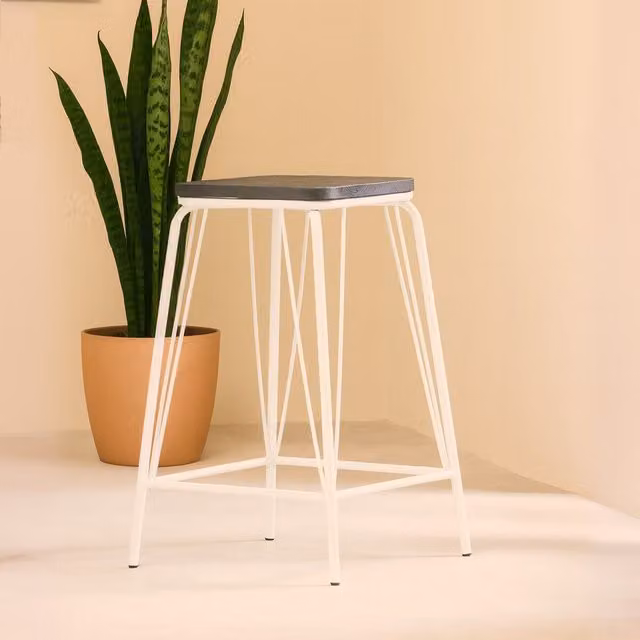 Orsina Industrial Metal and Elm Wood Stool in White and Silver