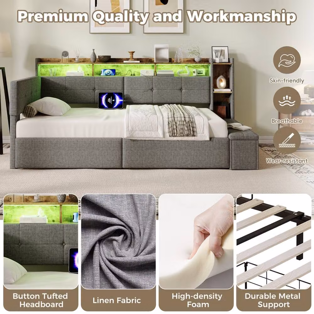 ModernLuxe Single Daybed in Grey with LED Under-Bed Lighting, USB Charging Port and Ottoman Storage Bench, W/D/H: 200 x 100 x 108 cm – 5