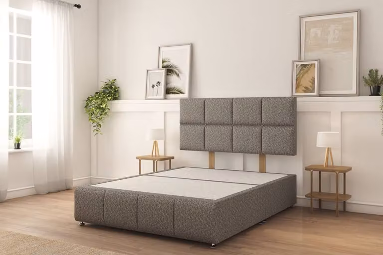 Sloomy Brington Tweed Divan Bed Set with 26 inch Strutted Headboard in Light Grey, Double W/D/H: 140 x 200 cm