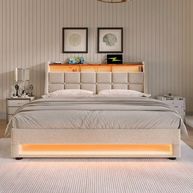 Merax Vintage Upholstered Storage Bed in Beige with LED Headboard, USB Charging Ports and Lift-Up Base, W/D/H: 200 x 117 x 200 cm – 1