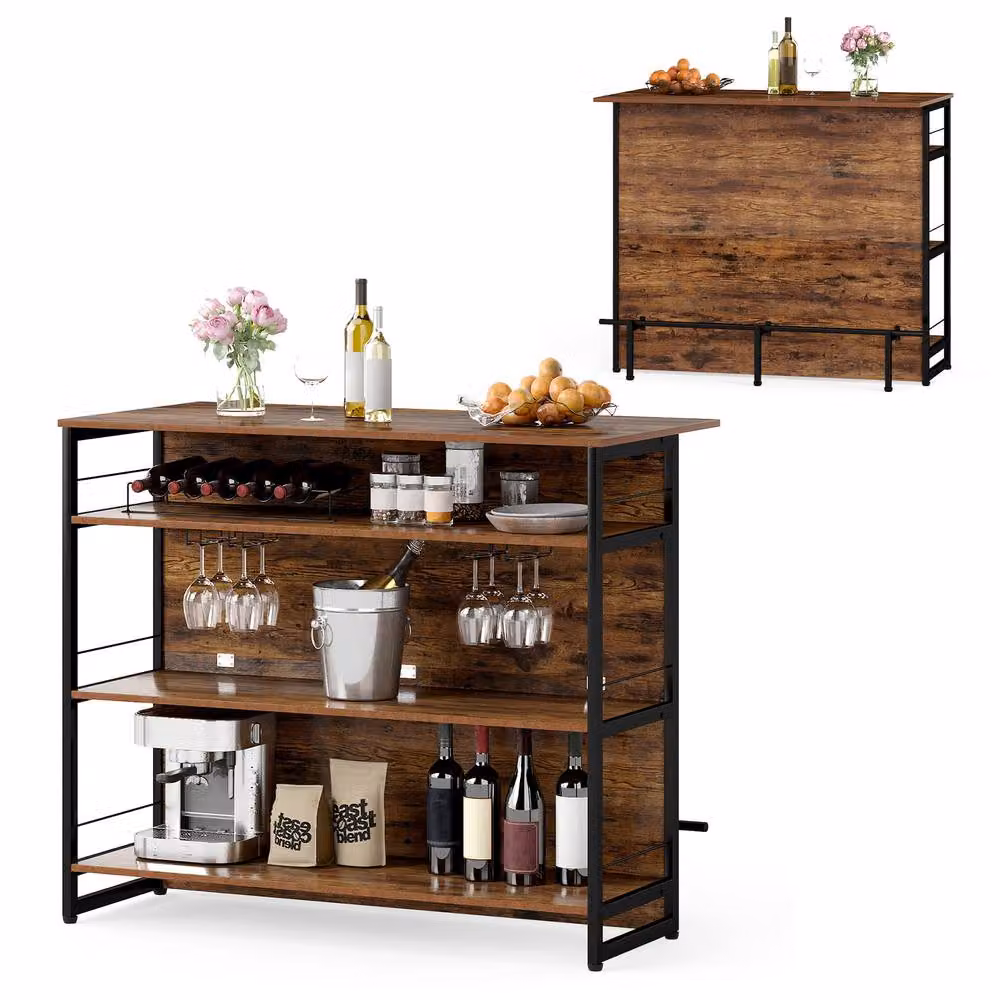 Costway 2-in-1 Industrial Home Bar Unit and Wine Cabinet with 4 Shelves and 4-Row Glass Holders in Brown – 5