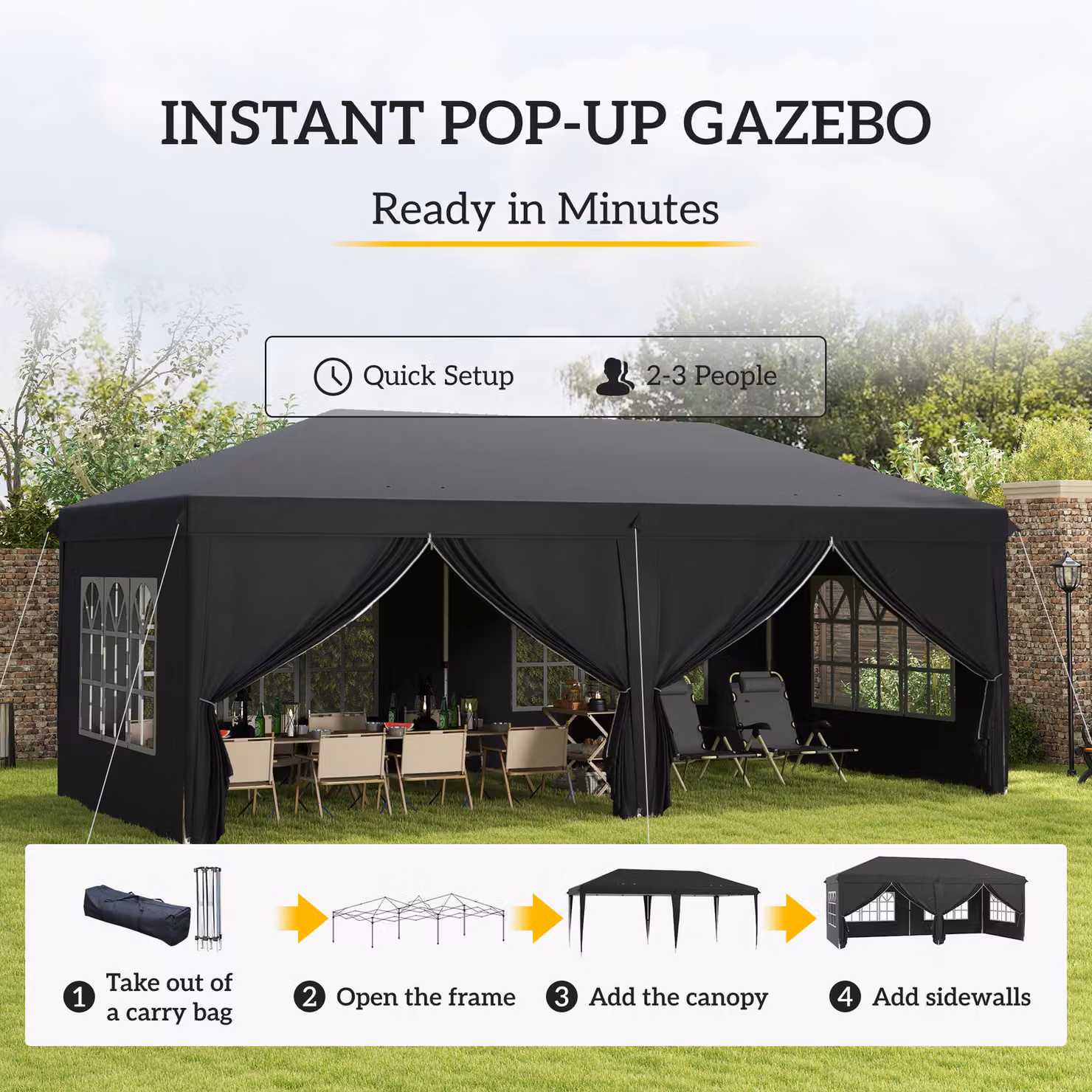 Outsunny Pop Up Gazebo with Sides and Windows in Black, W/D/H: 600 x 300 x 205 cm – 4