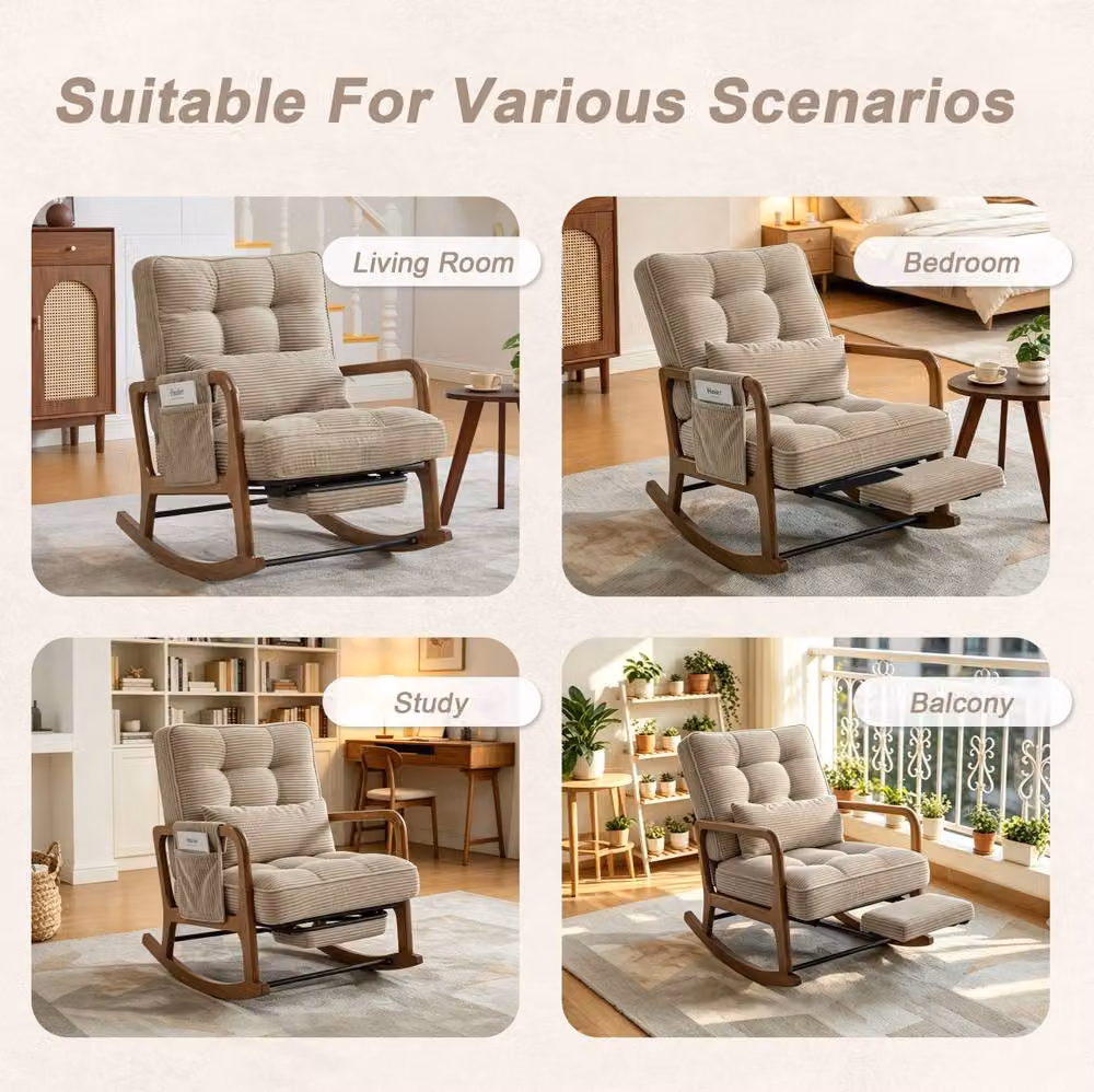 STILVORA Beige Rocking Chair with Adjustable Footrest, Side Pocket and Armrests – 3