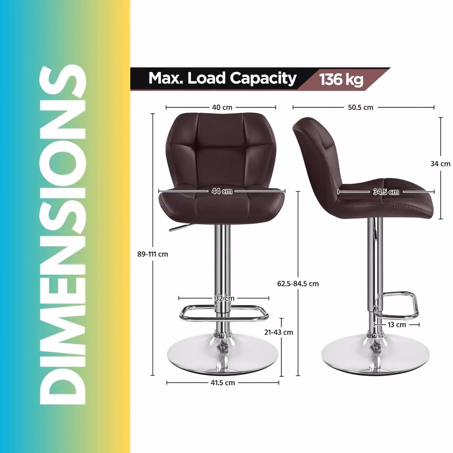FURNOS Set of 2 Brown Synthetic Leather Height Adjustable 360 Swivel Barstools with Backrest – 4