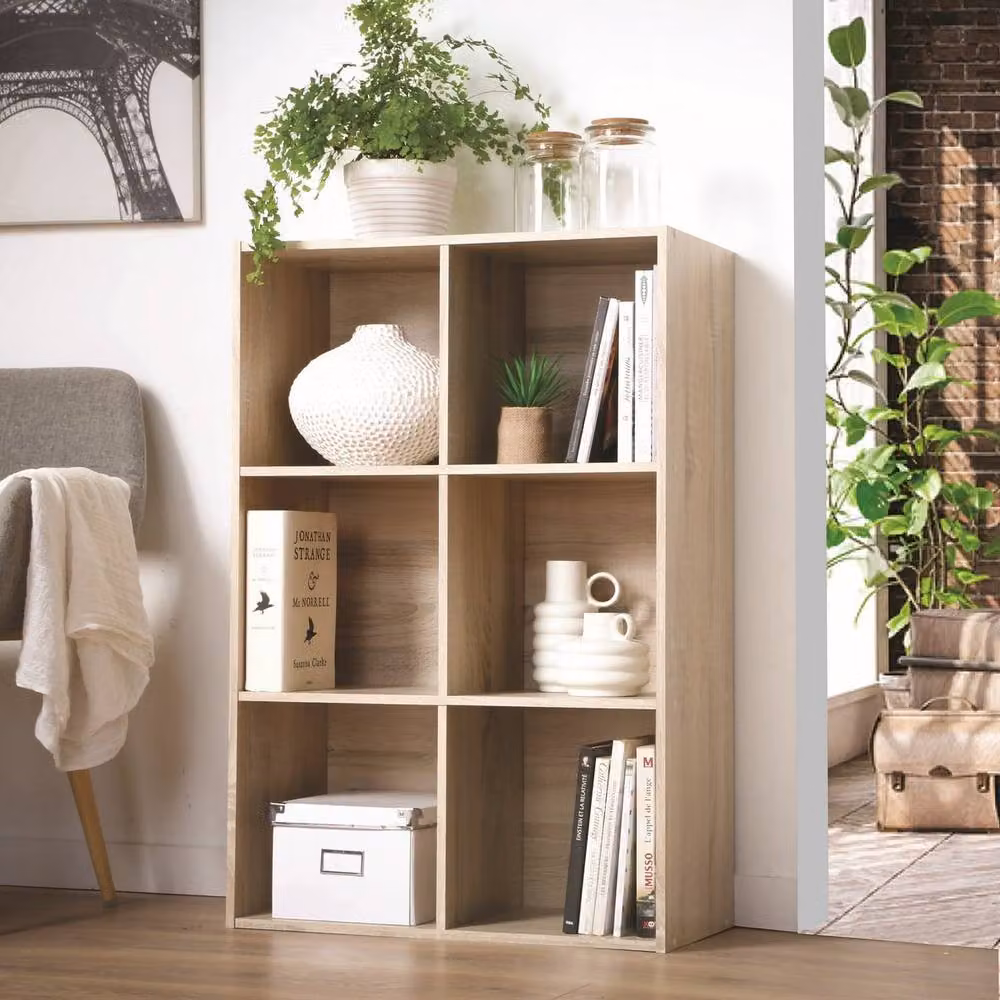 CALICOSY 6-Compartment Oak Wood Storage Shelf in Brown, H 91.5 x W 61.5 x D 29.5 cm – 2
