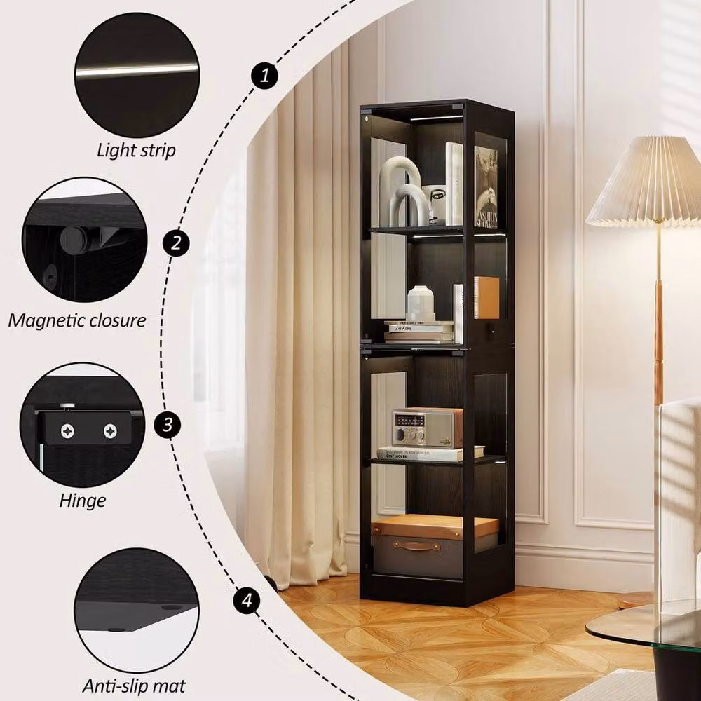 EONLION Modern Black Tall Display Cabinet with Integrated LED Lighting and Glass Doors, Height: 100 cm – 5