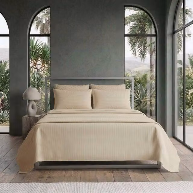Snug City Luxury Satin Stripe T250 Cotton Rich Soft Flat Sheet Bed Linen in Beige, Size: Single (90 x 200 cm)