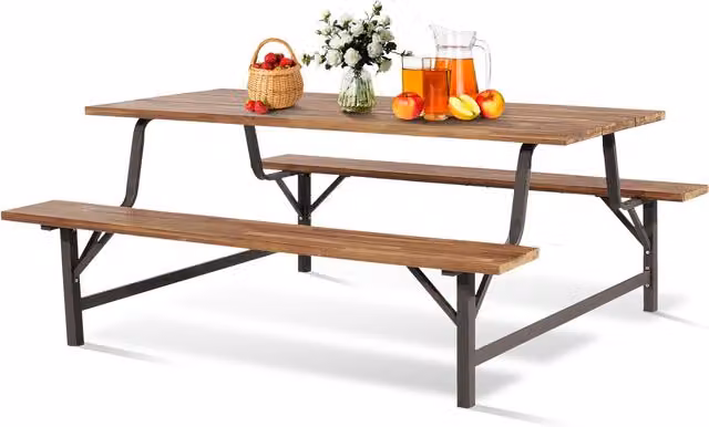 COSTWAY Industrial Picnic Dining Table and Bench Set in Brown Acacia Wood and Metal