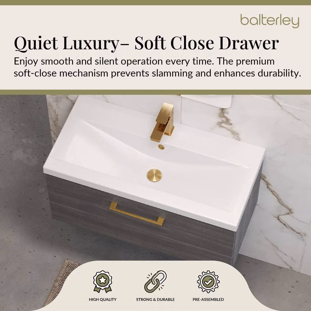Balterley 800mm Wall Hung 1 Drawer Vanity in Woodgrain Anthracite Grey with Brass Handle – 3
