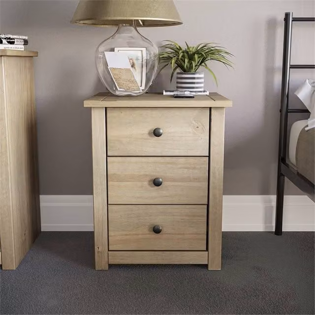FLAVORA Rustic Solid Pine 3 Drawer Bedside Chest in Natural Brown and Beige