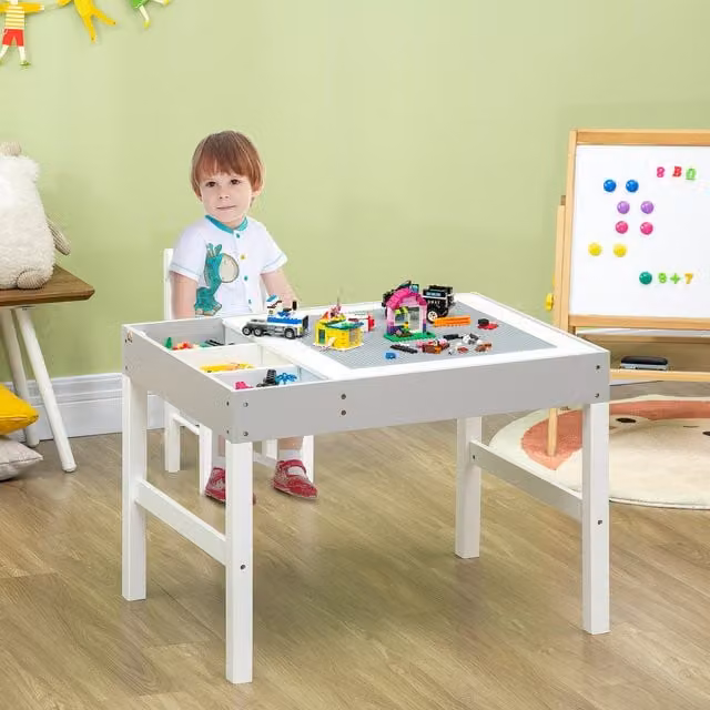 HOMCOM 2-in-1 Kids Activity Play Table and Chair Set with Play Wells in Grey and White