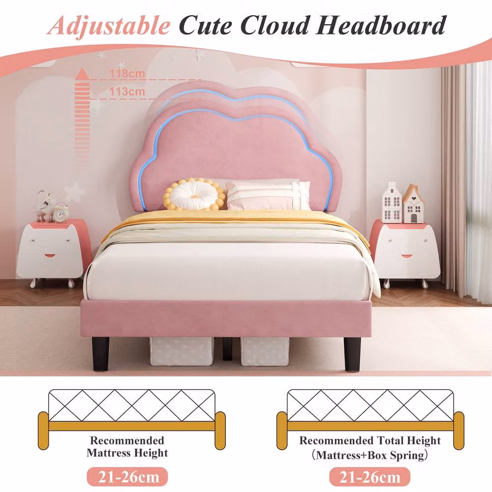 BTM Single Upholstered Velvet Bed Frame with LED Adjustable Headboard and Under-bed Lighting, Pink, W/D/H: 90 x 190 x 113 cm – 4
