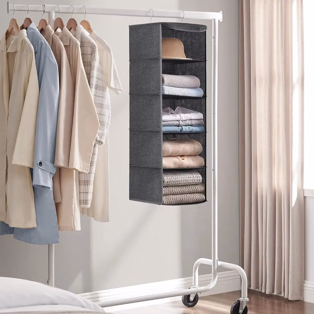SONGMICS Vertical Closet Organizer Hanging Storage Collapsible Shelves in Grey – 2
