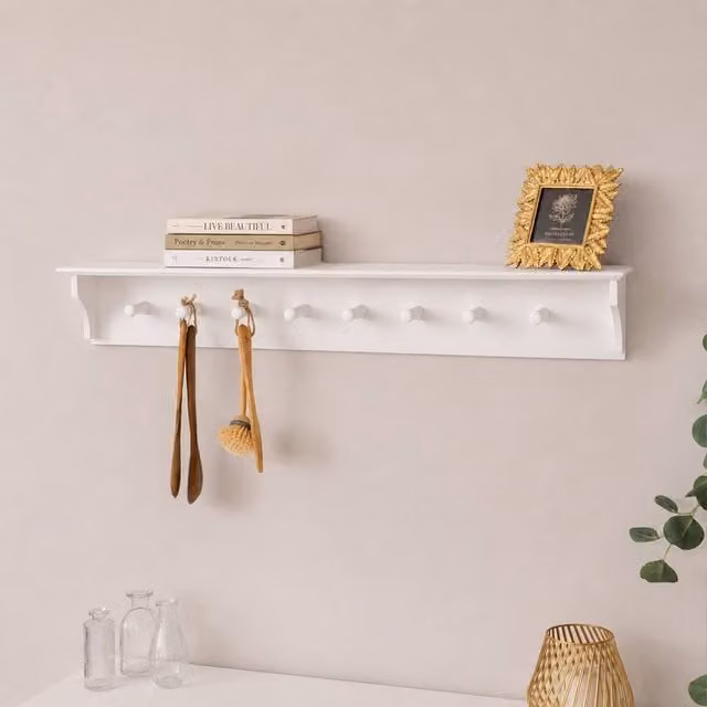 Melody Maison Large White Washed Mango Wood Wall Shelf with Hooks, Width: 100 cm