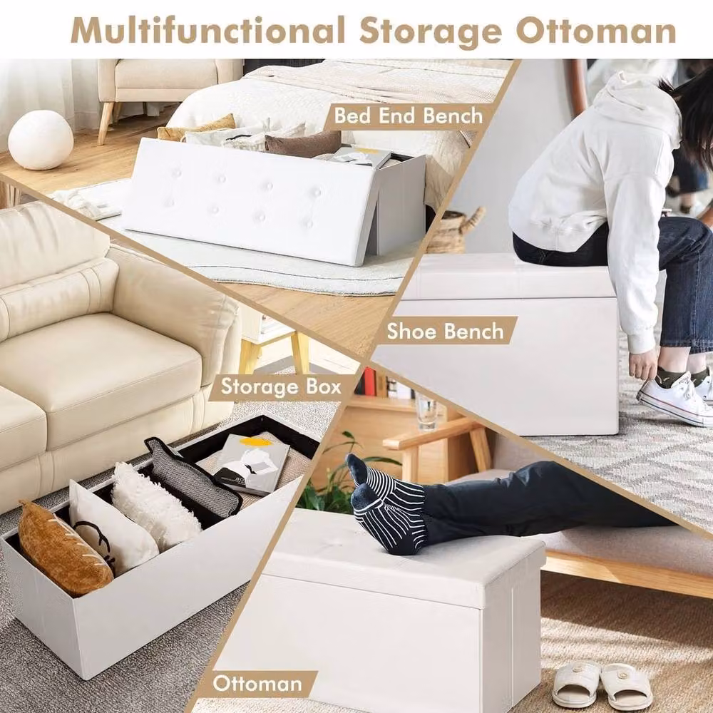 KORVIXA Foldable Storage Ottoman Bench with Divider in White Synthetic Leather – 2