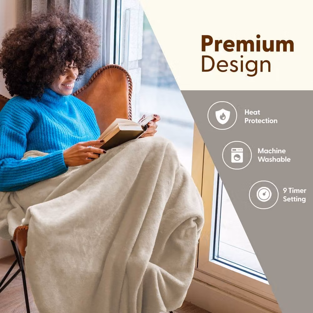 Keplin Large Electric Heated Throw Blanket in Beige with Fleece and Sherpa, 9 Heat Settings and Timer – 2
