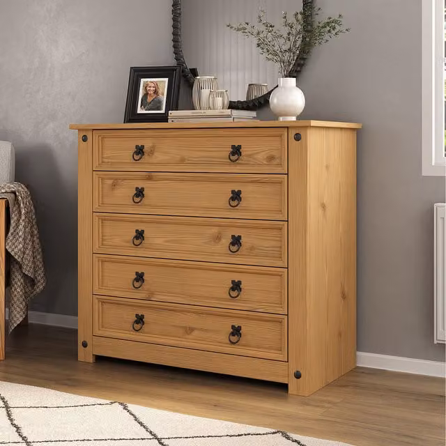Mews Rustic Waxed Pine 5 Drawer Chest of Drawers in Brown or Black