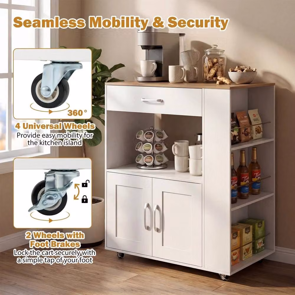 VOGREX Mobile Kitchen Cart with 2-Door Cabinet and Towel Rack in White – 4