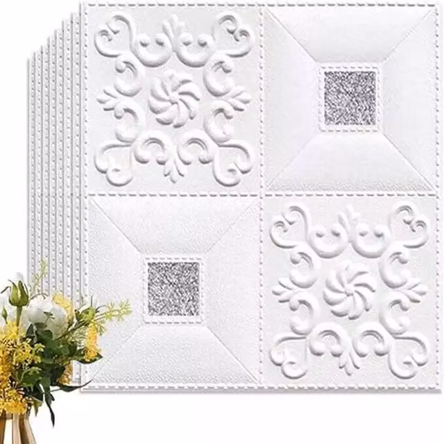 VOGREX 20-Piece 3D Tile Brick Wall Sticker Set in White and Silver, Waterproof Self-Adhesive PVC Wall Decor