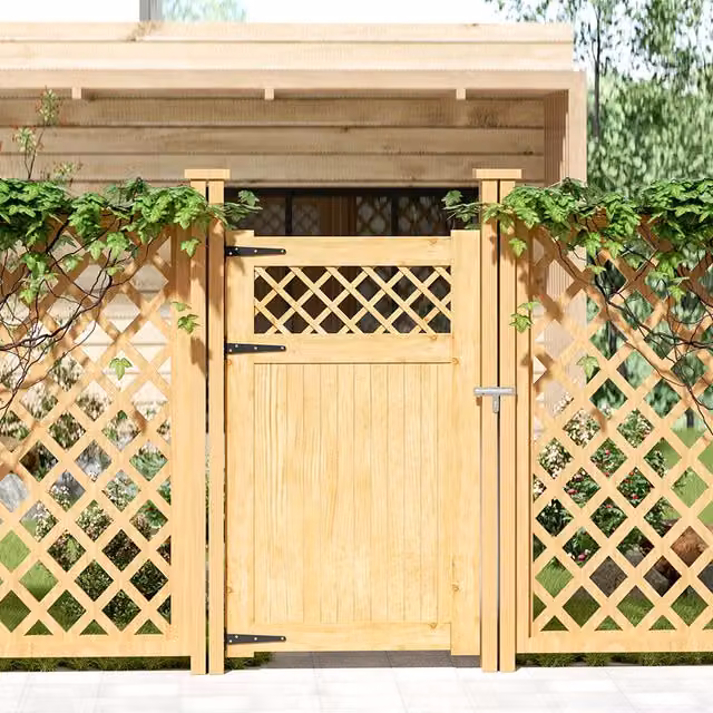 Livingandhome Rhombus Wood Garden Single Gate in Natural Brown and Yellow, W: 90 cm, H: 150 cm