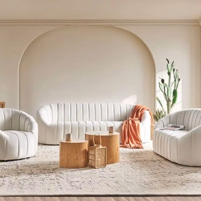 Wyld and Coco 6-Seater Off-White Velvet Tufted Sofa Set with Solid Wood Frame