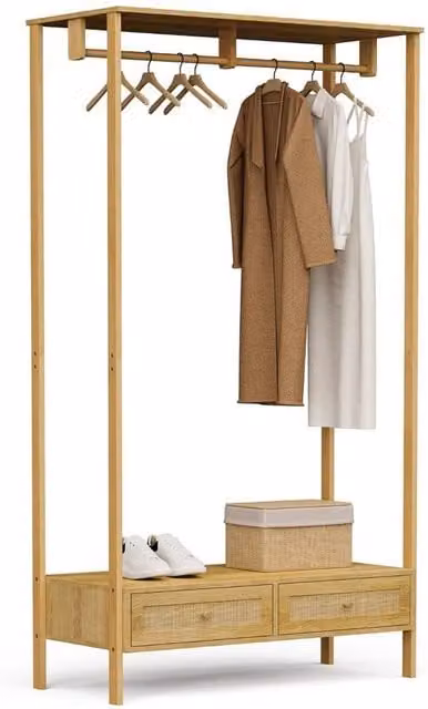 Havendro Boho Open Wardrobe Clothes Rail with 3 Drawers in Brown and Gold with Natural Rattan and Rubberwood – 1