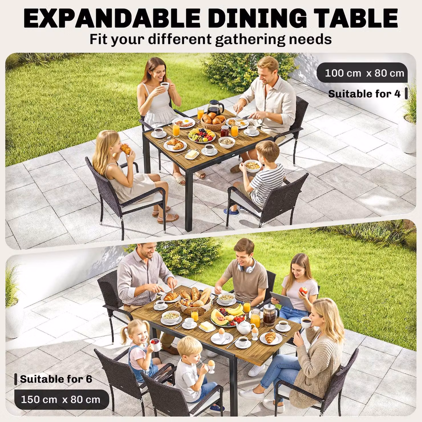 Outsunny 7 Piece Rattan Garden Furniture Set with Extendable Acacia Wood Tabletop and 6 Stackable Chairs – 5
