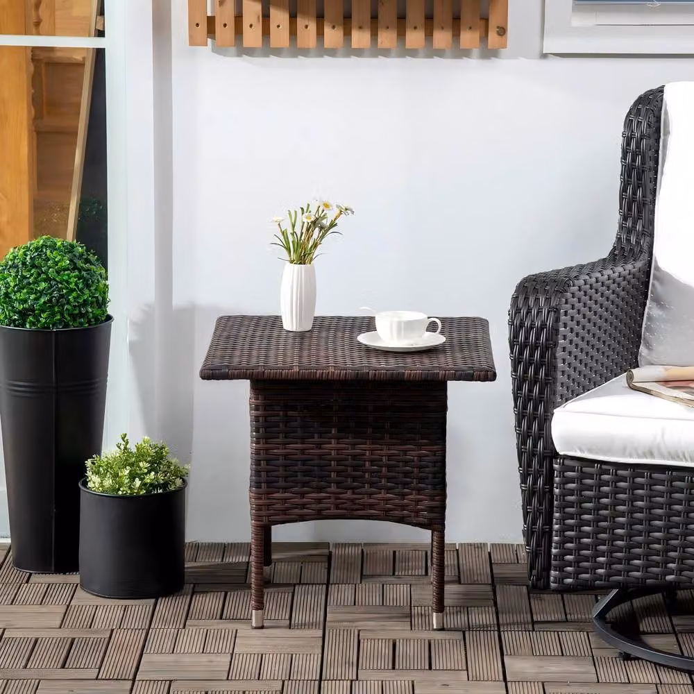 STILVORA Outdoor Side Table with Brown Rattan Finish and Metal Frame, Diameter: 50 cm – 3