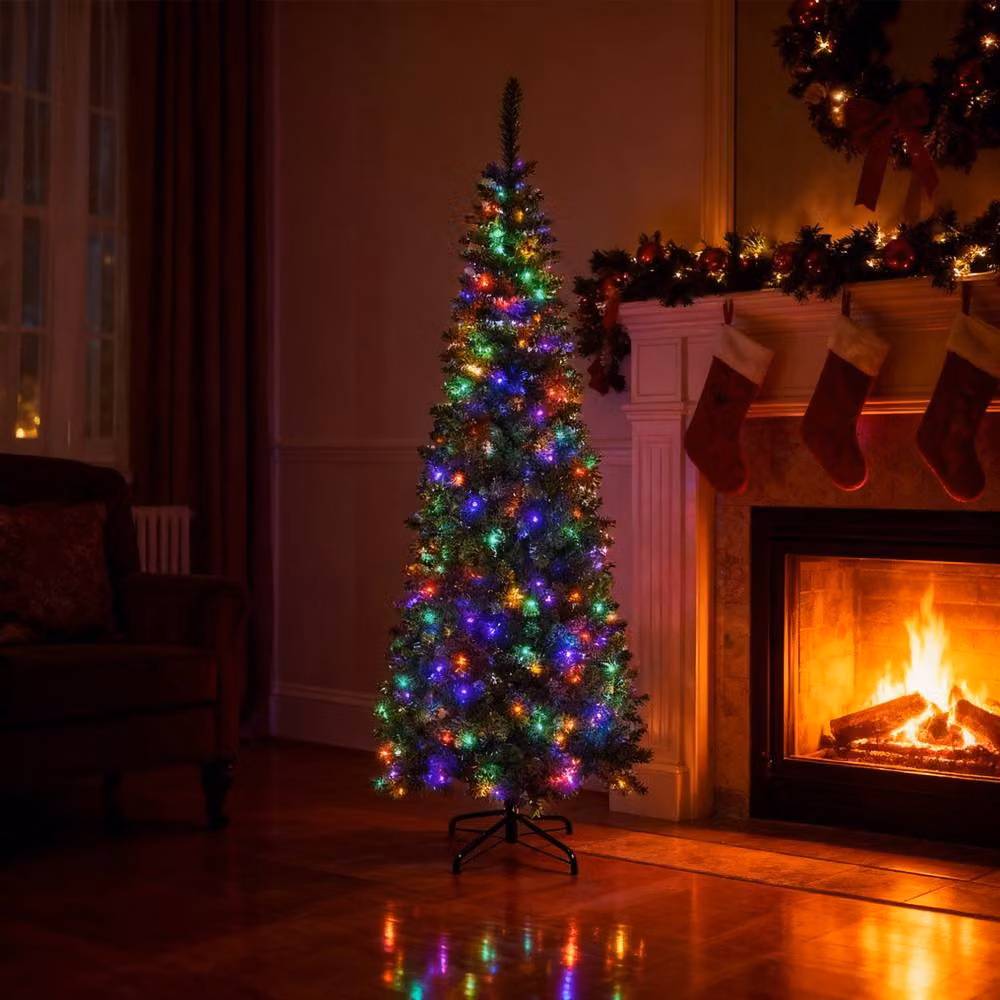 Shatchi Pre-Lit Artificial Slim Green Pencil Christmas Tree with Multicolour LED Lights and Metal Stand, Height: 6ft – 4