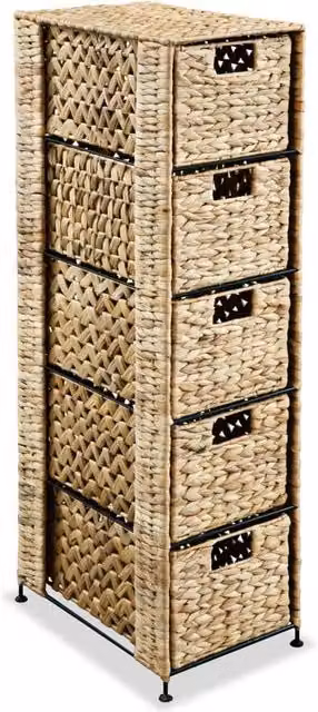 Berkfield Home Brown Water Hyacinth Storage Unit with 5 Baskets, W: 25.5 cm, D: 37 cm, H: 100 cm