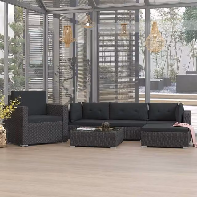 Berkfield Home 6 Piece Black Poly Rattan Garden Lounge Set with Cushions and Ottoman – 1