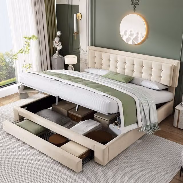 Matteo Cream Velvet Upholstered Super King Bed Frame with Lift Up Base – 1