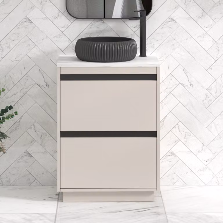 Royal Bathrooms Orion 600mm Warm Taupe Floor Standing 2 Drawer Vanity Unit with Milan Black Basin and Black Accent Trim