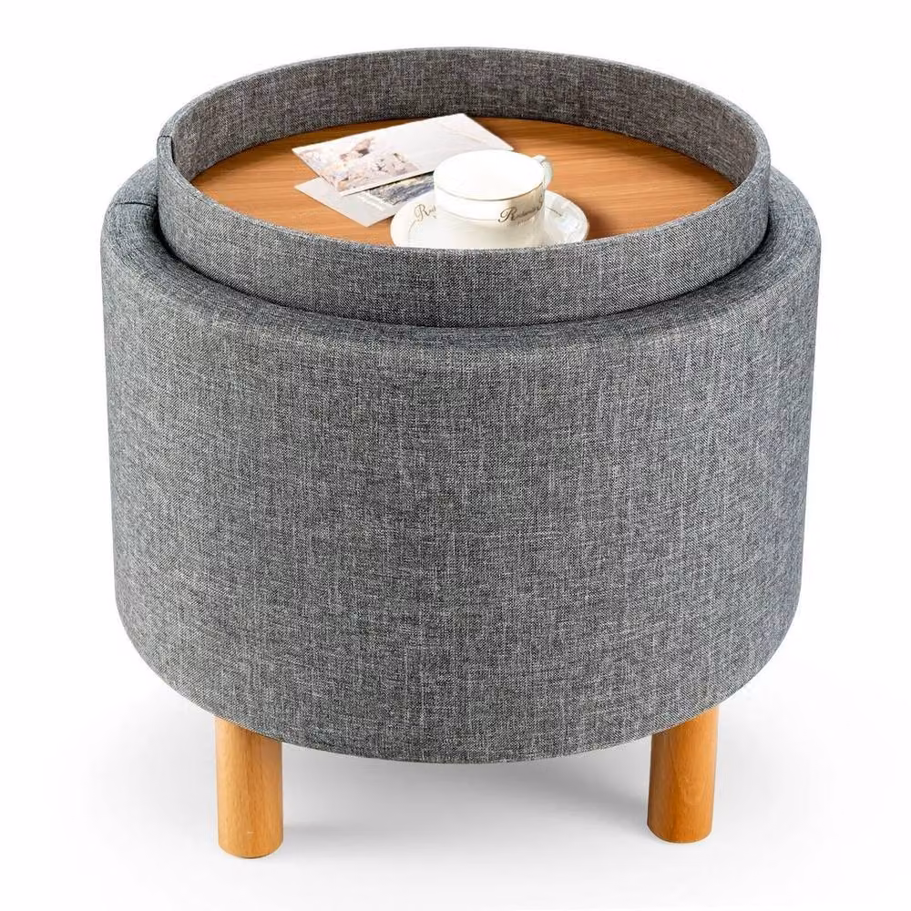 Kelvenix Round Grey Fabric Storage Ottoman with Wood Frame – 2