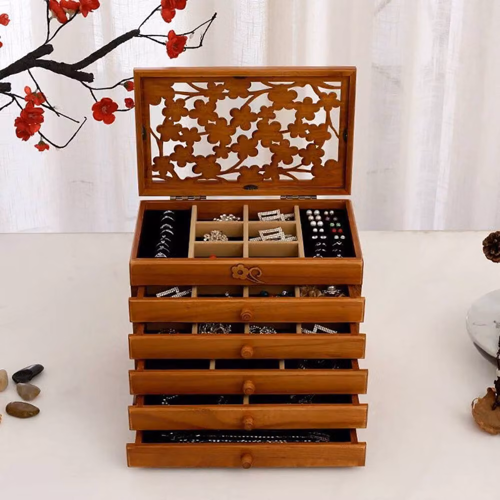 KORVIXA 6 Layer Large Vintage Wooden Jewellery Box Storage Drawer Cabinet, Brown, Width: 90 cm – 3