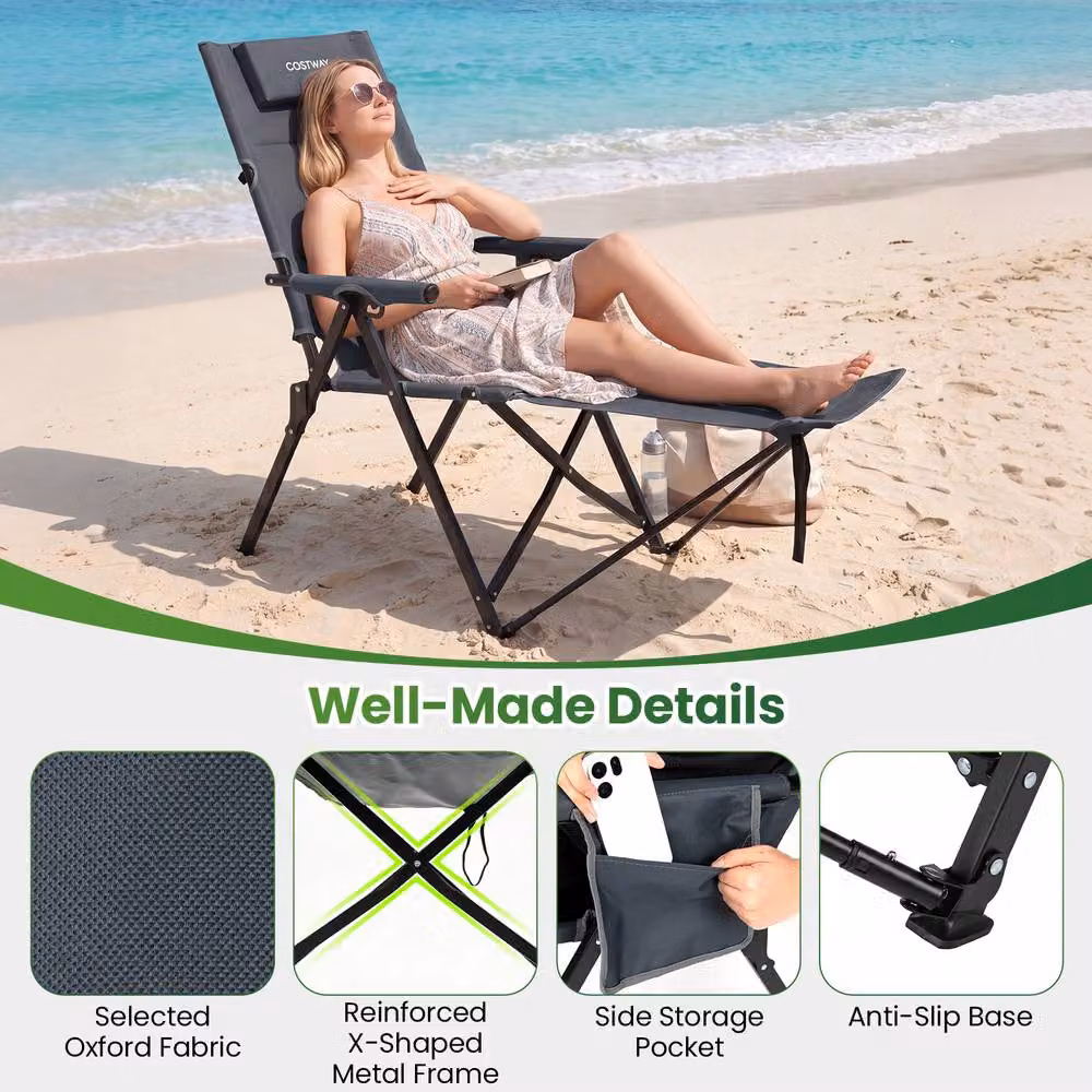 Costway 2-in-1 Reclining Camping Chair with Footrest and Armrests in Grey – 5