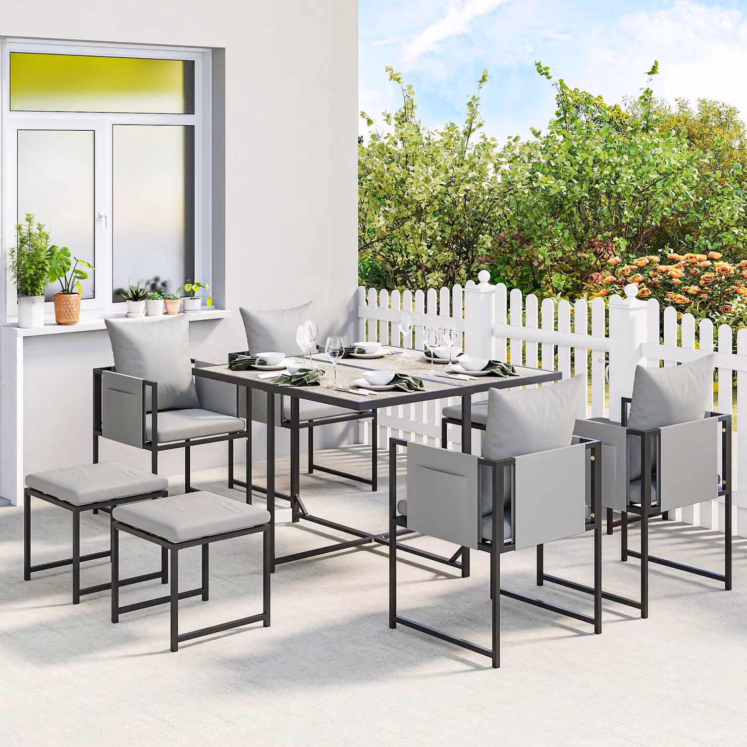 Outsunny Nine-Piece Modern Garden Dining Set with Powder Coated Steel Frame and Plastic Details in Grey – 1