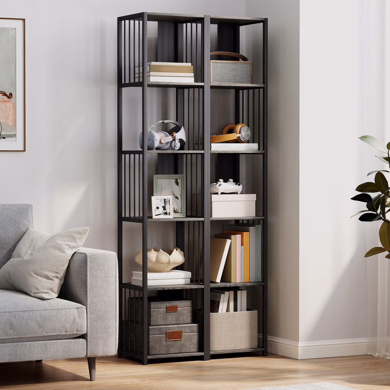 HOMCOM 5-Tier Minimalist Bookshelf with Steel Frame in Grey and Black – 6