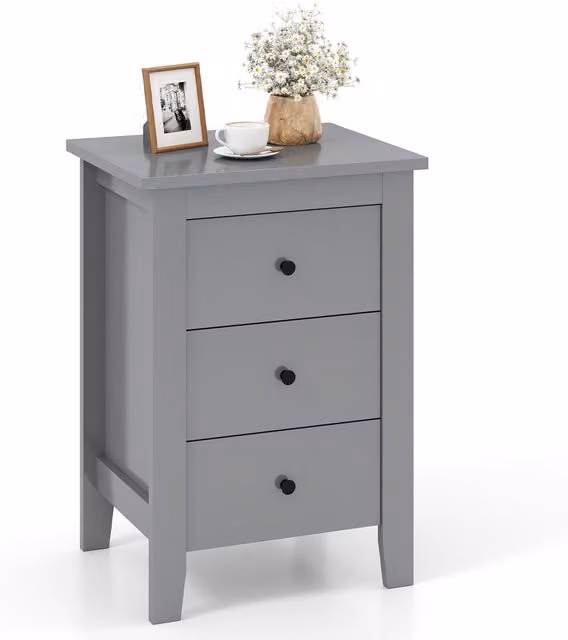 Gymax 3-Drawer Wooden Bedside Table and Nightstand in Grey – 1