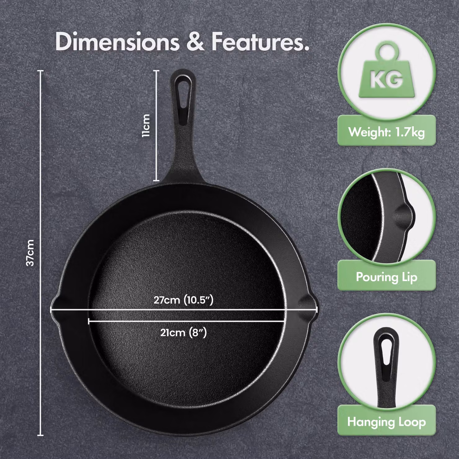 VonShef Cast Iron Skillet Frying Pan, Black, 25.4 cm, Oven Safe with Pouring Spout – 6