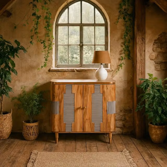 Wyld Haus Idaho 2 Door Acacia Wood and Brass Cabinet in Brown, W/D/H: 95 x 40 x 80 cm