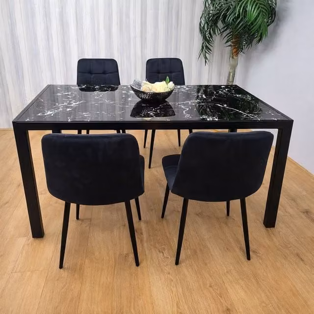 Kosy Koala Modern Black Marble Effect Dining Set with 4 Black Velvet Chairs in Brown