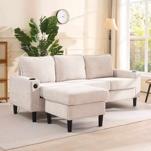 Tokpiedi 4 Seater Reversible L-Shape Corner Sofa with USB Charging and Cup Holders in Beige