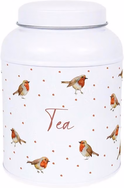 Purely Home English Robins Decaf Canister White Metal Kitchen Storage Tin with Small Dome Lid