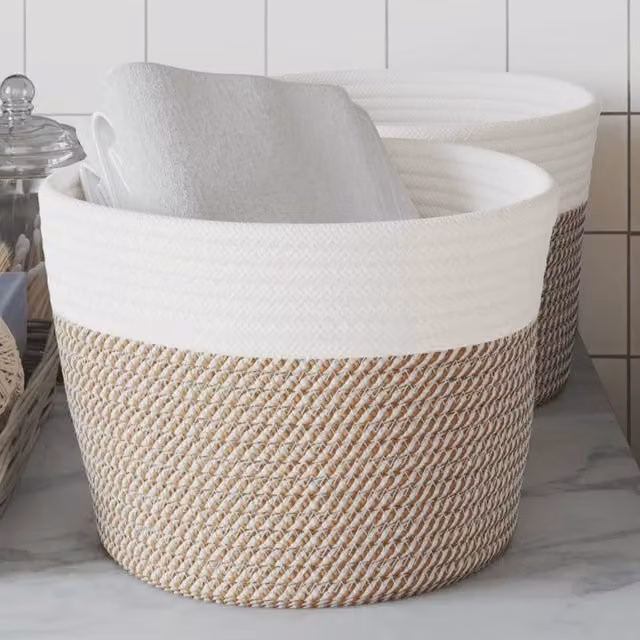 Berkfield Home Storage Baskets, 2 Pack, Brown and White Cotton Fabric, W: 24 cm, H: 18 cm – 1