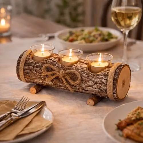 HomeZone Rustic Wood Effect Triple Tealight Candle Holder in Brown with 3 Glass Cups and Tealights Included