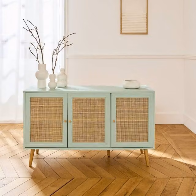 Sweekeek Boho Style Sideboard Cabinet with Rattan and Glass in Pale Green, Width: 120 cm – 1